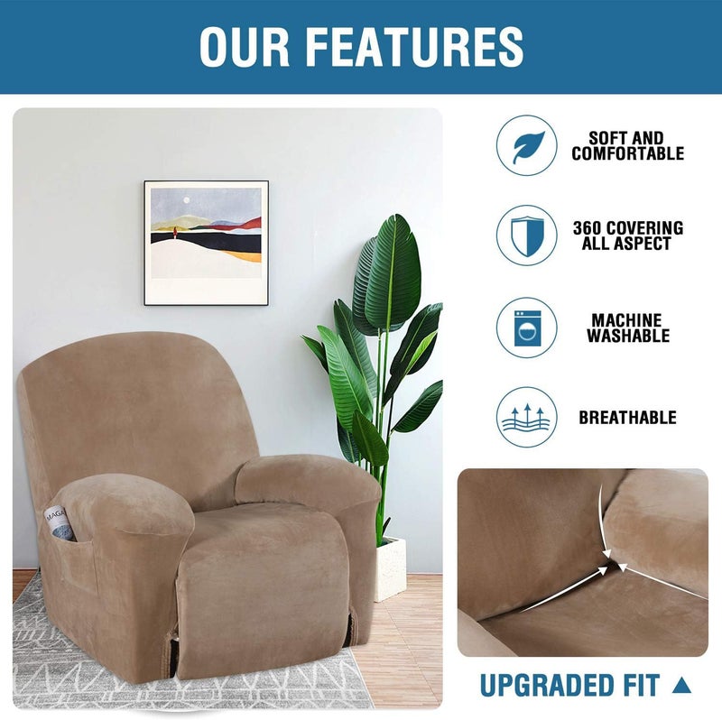 H.VERSAILTEX Stretch Recliner Cover for Lazy Boy Recliner Chair with Pocket, Nonslip Feature, Elastic Bottom, Velvet Soft Fabric (Camel, Large) - Image 4